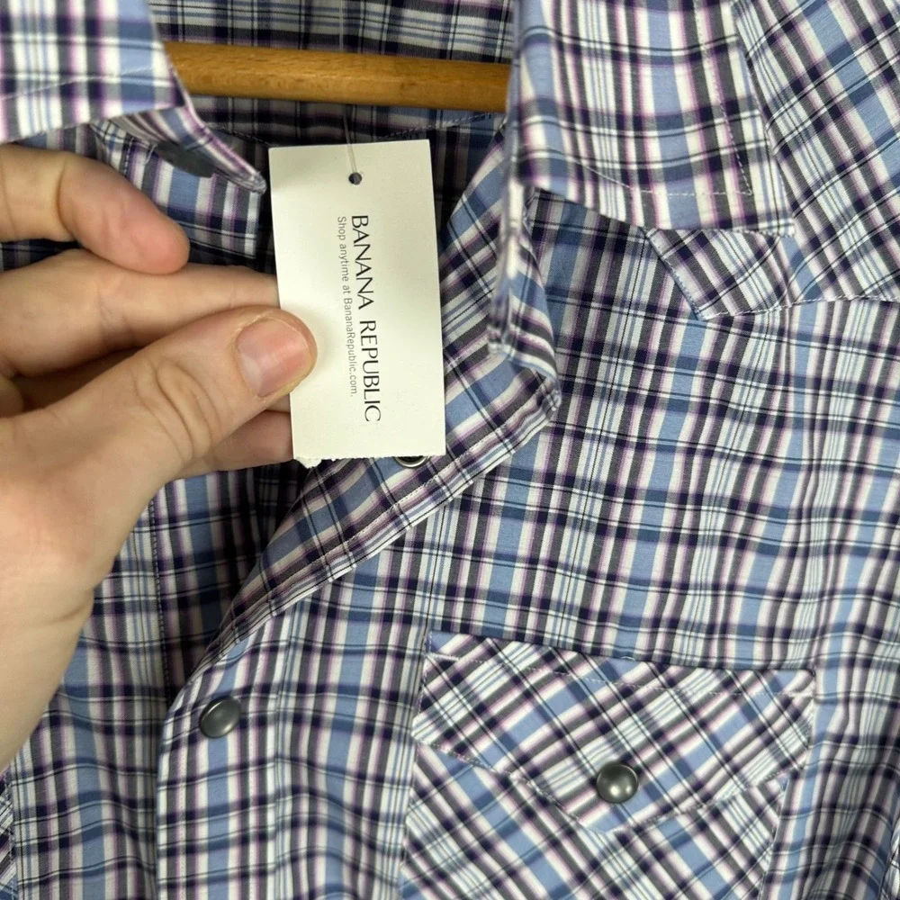 Banana Republic Mens Plaid Western Snap Front Shirt Blue Purple White Size M NWT